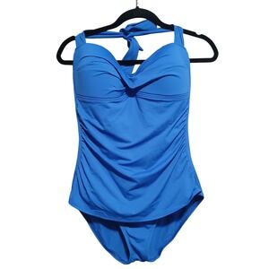 Tommy Bahama Blue‎ One Piece Swimsuit Halter Ruched Tummy Control Size 16